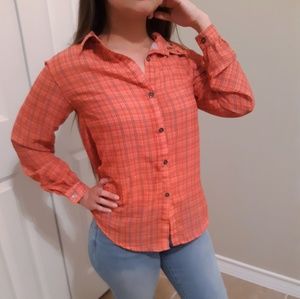Coral draped-back button-up top